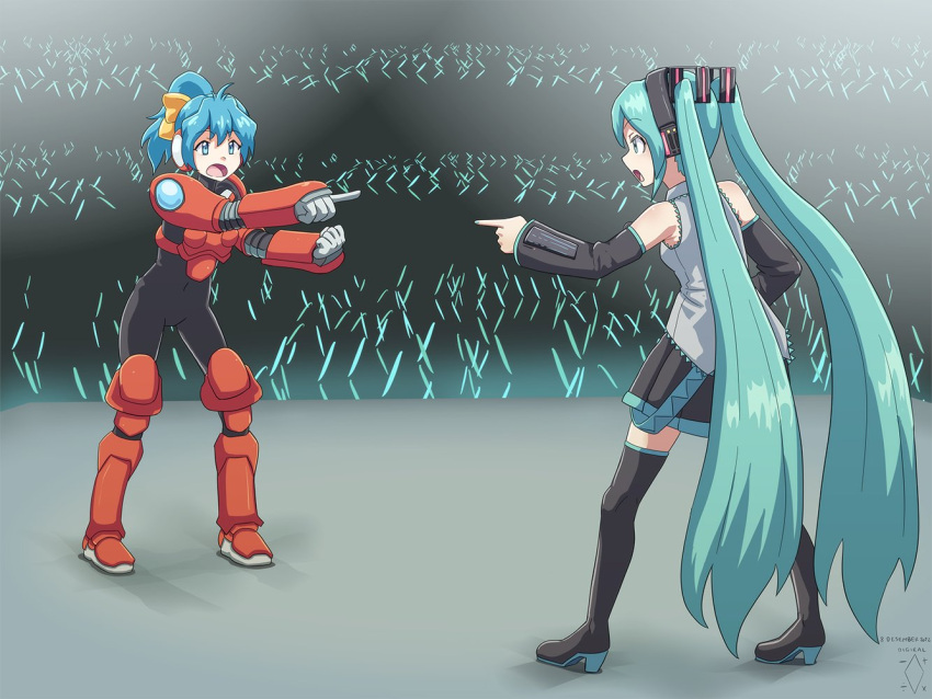 2girls, aqua_eyes, aqua_hair, arm_armor, armor, bare_shoulders, black_leotard, black_skirt, black_sleeves, black_thighhighs, blue_hair, bow, chest_armor, commentary, concert, detached_sleeves, digiral, english_commentary, full_body, grey_shirt, hair_bow, hair_ornament, hatsune_miku, headphones, high_heels, high_ponytail, leg_armor, leotard, long_hair, medium_hair, meme, metal_fighter_miku, miku_(metal_fighter_miku), miniskirt, multiple_girls, name_connection, penlight, pleated_skirt, pointing, pointing_at_another, pointing_spider-man_(meme), ponytail, shirt, skirt, sleeveless, sleeveless_shirt, stage, standing, thigh-highs, twintails, very_long_hair, vocaloid, yellow_bow, zettai_ryouiki