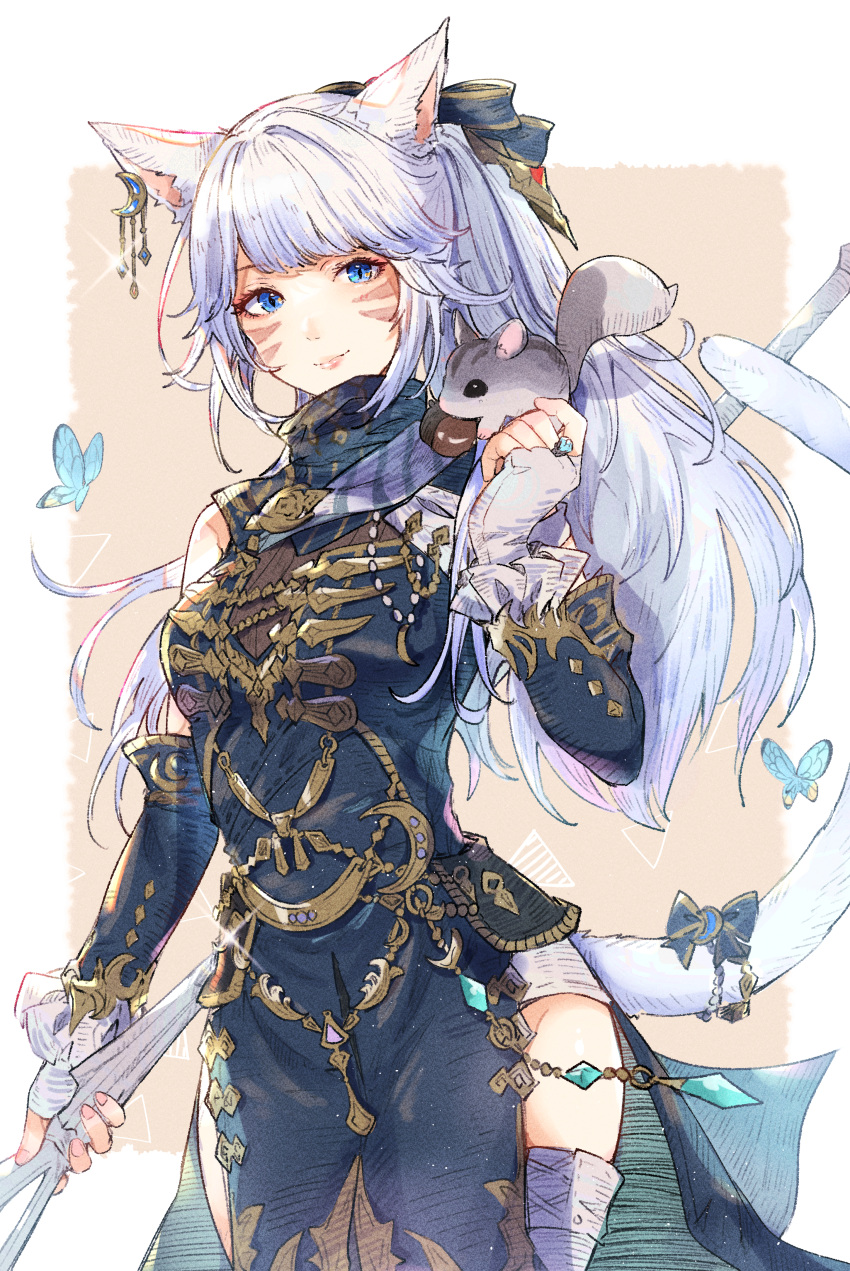 1girl, absurdres, acorn, animal_ears, animal_on_shoulder, arm_at_side, avatar_(ff14), bangs, blue_butterfly, blue_dress, blue_eyes, blue_gemstone, blunt_bangs, boots, border, bow, bug, butterfly, cat_ears, cat_girl, cat_tail, cowboy_shot, crescent, crescent_earrings, detached_sleeves, dress, earrings, facial_mark, final_fantasy, final_fantasy_xiv, fingerless_gloves, gem, glint, gloves, hair_bow, hand_up, highres, holding, jewelry, long_hair, looking_at_viewer, miqo'te, mokokoiro, nutkin, on_shoulder, orange_background, outside_border, ponytail, ring, side_slit, single_earring, slit_pupils, smile, solo, squirrel, standing, tail, tail_bow, tail_ornament, thigh_boots, turtleneck_dress, white_border, white_footwear, white_gloves, white_hair