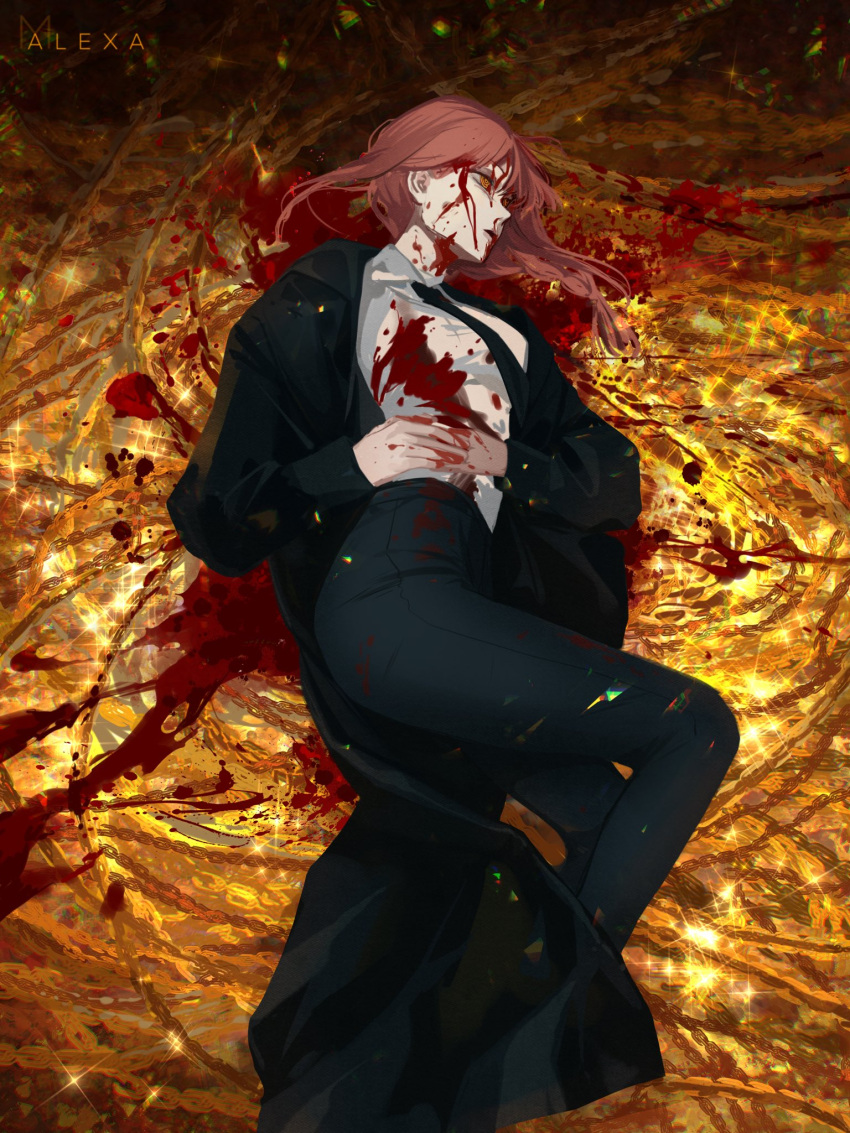 1girl, artist_name, bangs, black_coat, black_necktie, blood, blood_on_clothes, blood_on_face