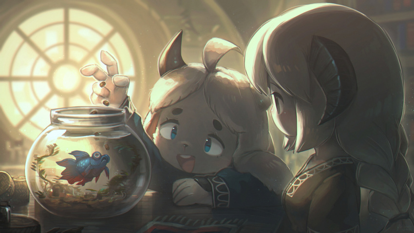 2girls, :d, absurdres, ahoge, animal_ears, blue_eyes, braid, colored_skin