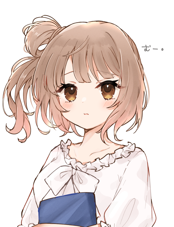 1girl, bangs, bow, brown_hair, cevio, closed_mouth, frilled_shirt, frills