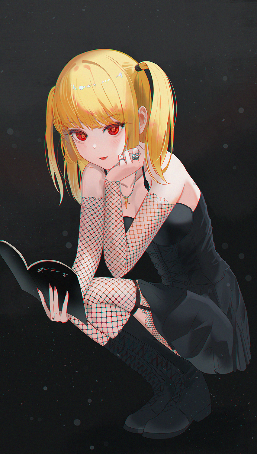 1girl, amane_misa, bangs, black_background, black_footwear, black_skirt, blonde_hair, boots