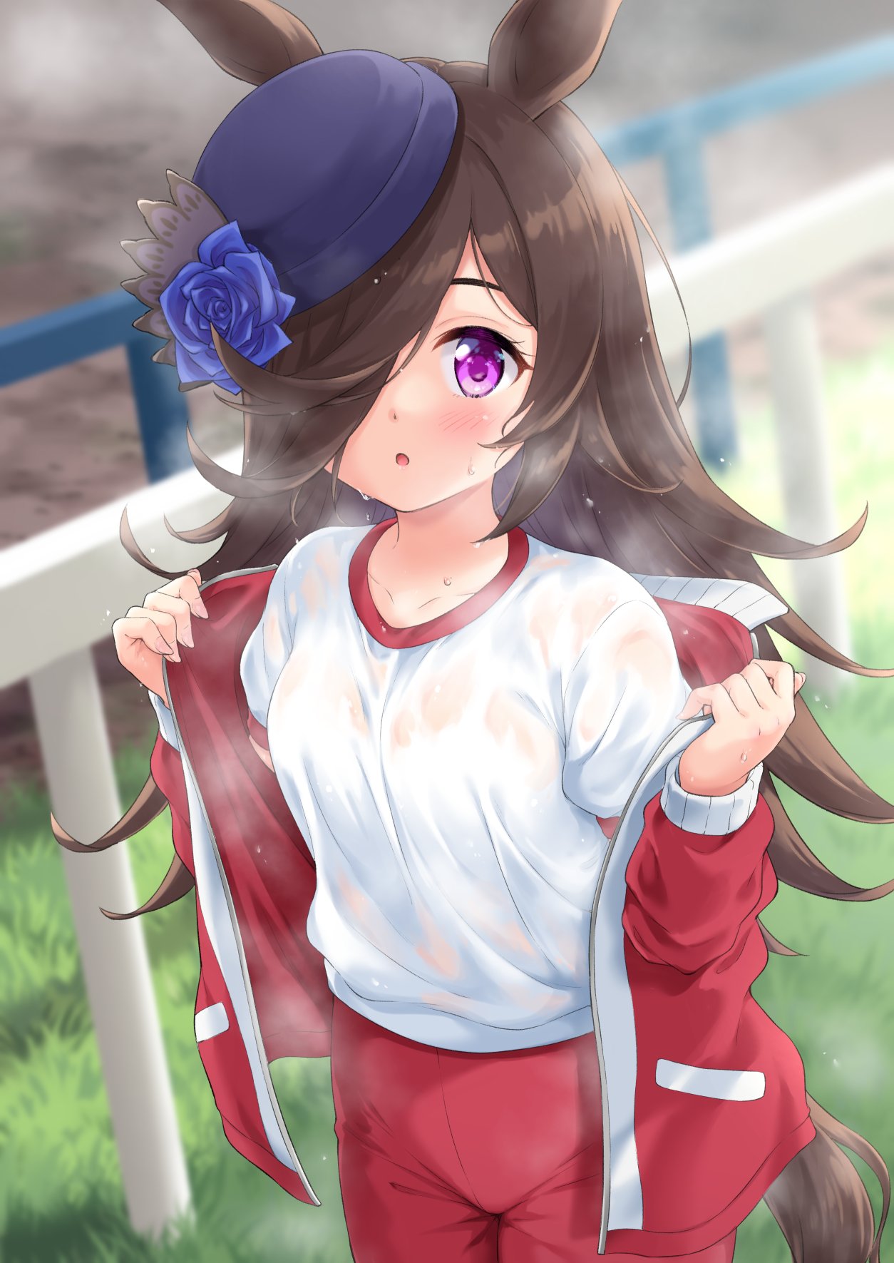 1girl, alternate_costume, black_hair, blush, commentary_request, hair_over_one_eye, hat, highres