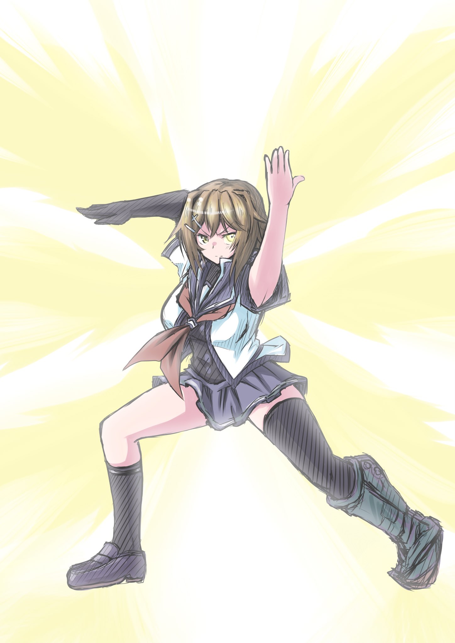 1girl, black_socks, black_thighhighs, blue_sailor_collar, blue_skirt, bodysuit, brown_hair, elbow_gloves