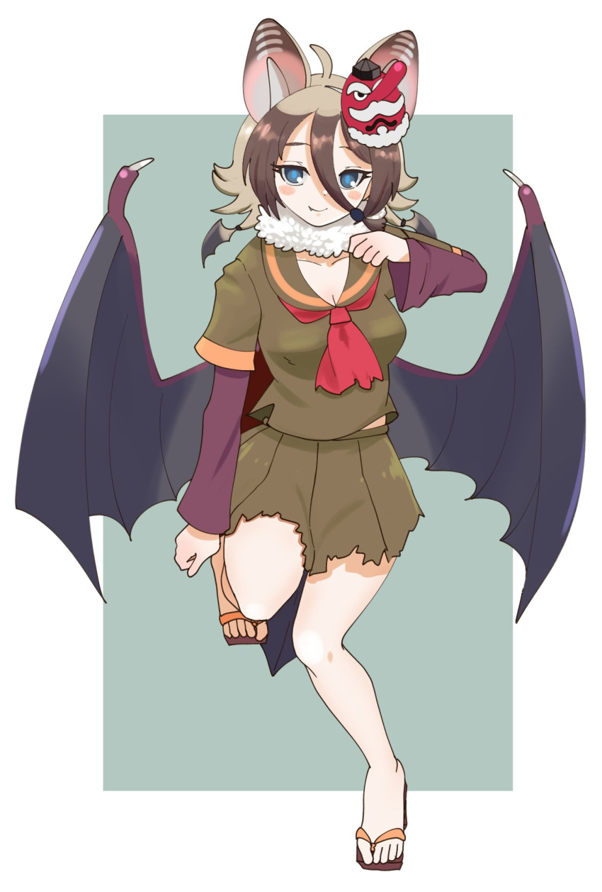 1girl, animal_ears, bat_ears, bat_wings, blue_eyes, blush, brown_hair, commentary_request, fur_collar, geta, green_shirt, green_skirt, grey_hair, hair_between_eyes, highres, hilgendorf's_tube-nose_bat_(kemono_friends), kemono_friends, mask, mask_on_head, multicolored_hair, neckerchief, ookii_yama, pleated_skirt, red_neckerchief, sailor_collar, school_uniform, serafuku, shirt, short_hair, short_sleeves, skirt, solo, standing, standing_on_one_leg, tengu-geta, tengu_mask, torn_clothes, torn_skirt, two-tone_hair, white_fur, wings