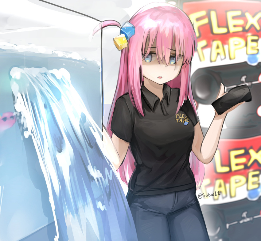 1girl, absurdres, bangs, black_shirt, blue_eyes, bocchi_the_rock!, breasts, cosplay, cube_hair_ornament, denim, english_commentary, flex_tape, gotou_hitori, hair_ornament, highres, holding, jeans, looking_to_the_side, medium_breasts, one_side_up, open_mouth, pants, parody, phil_swift, phil_swift_(cosplay), polo_shirt, shaded_face, shirt, sobbi11, solo, tape, water, worried