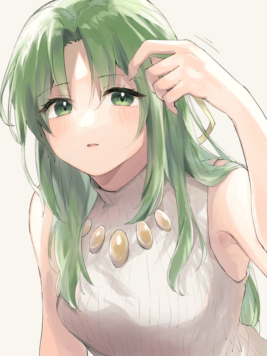 1girl, bangs, breasts, green_eyes, green_hair, highres, higurashi_no_naku_koro_ni, holding