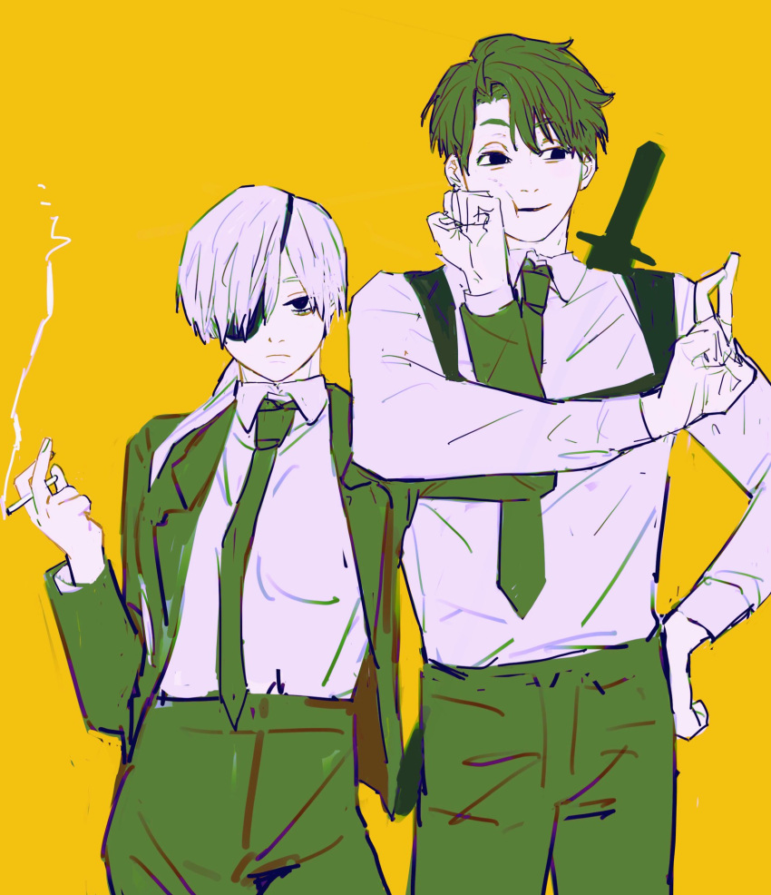 1boy, 1girl, bangs, black_hair, black_jacket, black_necktie, black_pants, chainsaw_man