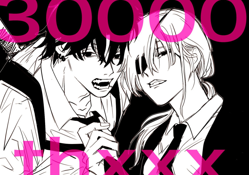 1boy, 1girl, black_background, black_hair, black_necktie, chainsaw_man, chest_belt, clenched_teeth