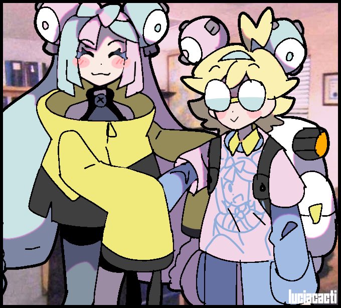 1boy, 1girl, :3, aqua_hair, backpack, bag, blonde_hair, blush_stickers