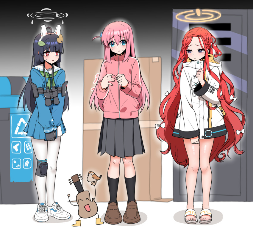 3girls, ahoge, animal_ears, bangs, bare_legs, binoculars, black_footwear, black_gloves