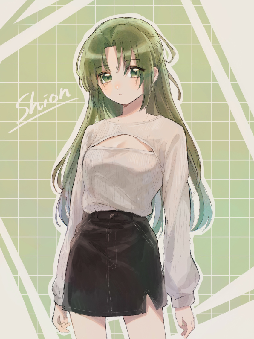 1girl, arms_at_sides, bangs, black_skirt, breasts, cleavage_cutout, clothing_cutout, green_background, green_eyes, green_hair, highres, higurashi_no_naku_koro_ni, holding, holding_hair, light_blush, long_hair, long_sleeves, looking_at_viewer, medium_breasts, morisata, patterned_background, pencil_skirt, ribbed_sweater, skirt, solo, sonozaki_shion, sweater, sweater_tucked_in, turtleneck, turtleneck_sweater, upper_body, white_background, white_sweater