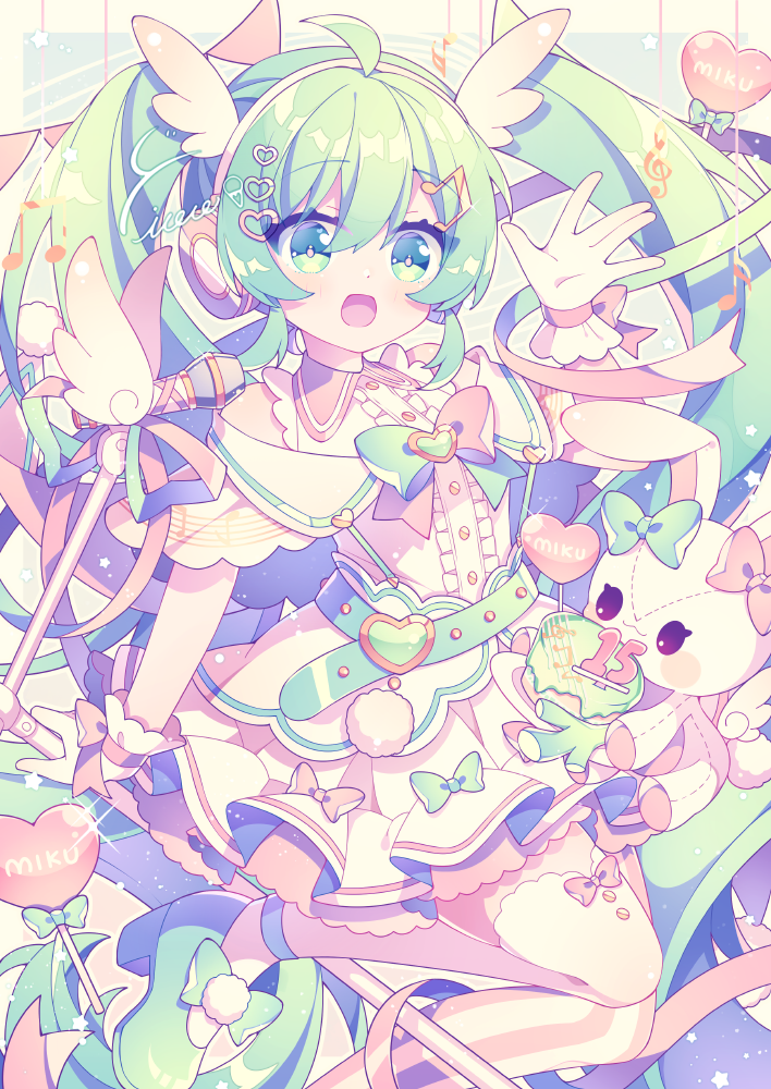 1girl, alternate_costume, asymmetrical_legwear, balloon, bangs, belt, blush, bow