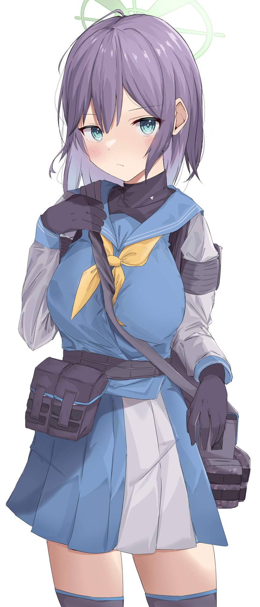 1girl, absurdres, aqua_eyes, bag, black_gloves, blue_archive, blue_sailor_collar, blue_skirt