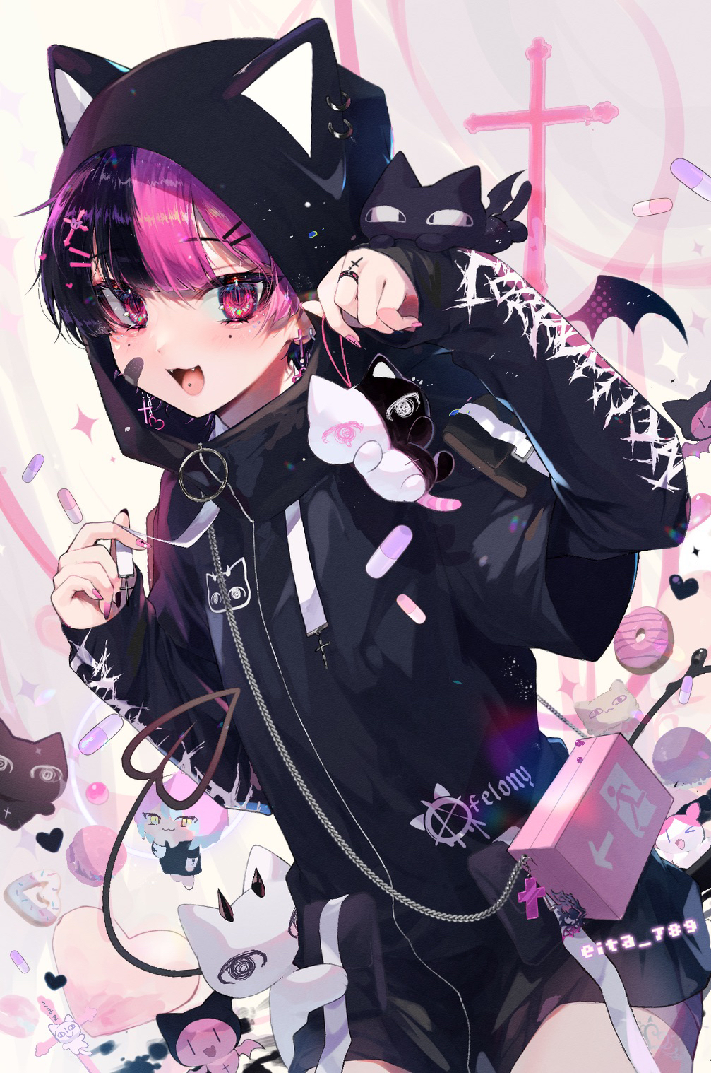 1boy, :d, animal_hood, artist_name, bandaid, bandaid_on_cheek, bandaid_on_face, bangs, bat_wings, black_hair, black_hoodie, black_shorts, cat_hood, chain, character_doll, clothes_writing, commentary_request, cowboy_shot, creature, cross, cross_earrings, demon_boy, doughnut, earrings, eita_789, exit_sign, eyla_(eita_789), fangs, food, hair_ornament, hairclip, hands_up, heart, highres, holding, hood, hood_up, hoodie, jewelry, latin_cross, long_sleeves, looking_at_viewer, male_focus, mole, mole_under_eye, multicolored_hair, nail_polish, original, otoko_no_ko, piercing, pill, pink_eyes, pink_hair, pink_nails, pouch, ring, shiny, shiny_hair, shorts, sleeves_past_wrists, smile, split-color_hair, tongue_piercing, two-tone_hair, wings