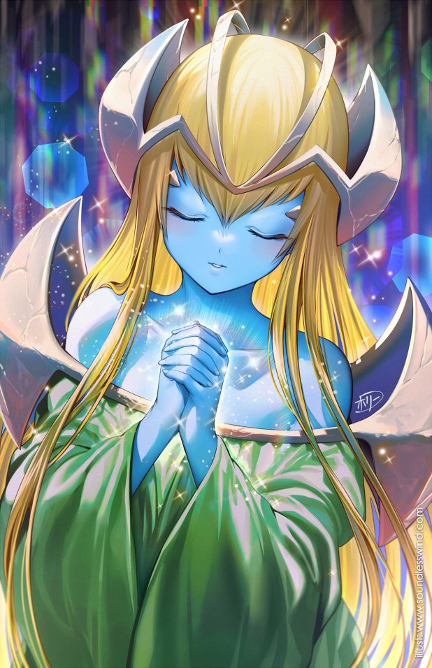 1girl, bangs, bare_shoulders, blonde_hair, blue_skin, blush, closed_eyes, collarbone