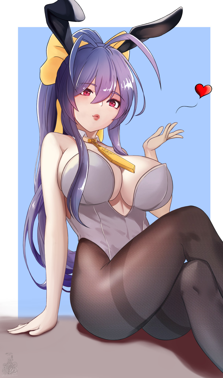 absurdres, blazblue, blowing_kiss, breasts, crossed_legs, english_commentary, hair_ribbon, highres