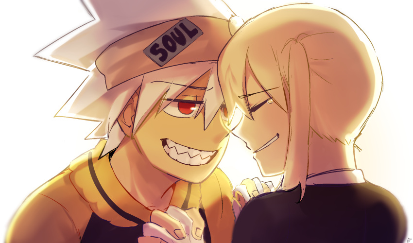 1boy, 1girl, benzbt, blonde_hair, grin, happy_tears, highres, holding_hands