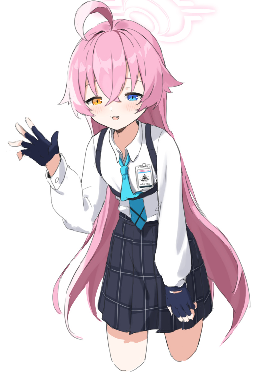 1girl, :3, absurdres, ahoge, bangs, black_gloves, black_skirt, blue_archive