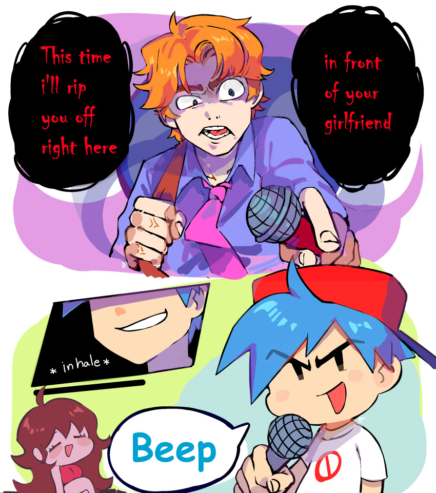 1girl, 2boys, :d, absurdres, ahoge, angry, baseball_cap, benzbt