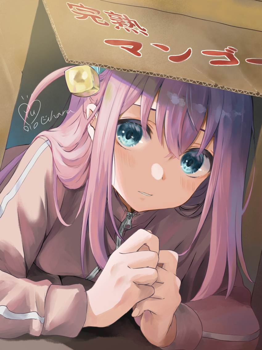 1girl, blue_eyes, bocchi_the_rock!, box, cardboard_box, commentary_request, cube_hair_ornament, gotou_hitori