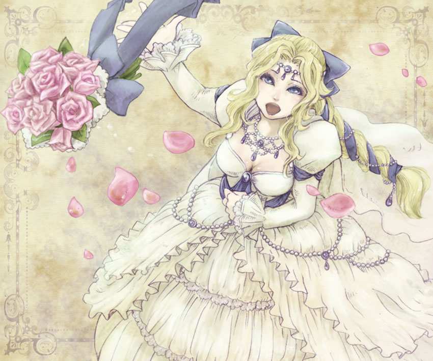 1girl, blonde_hair, blue_eyes, celes_chere, dress, final_fantasy, final_fantasy_vi, high_ponytail
