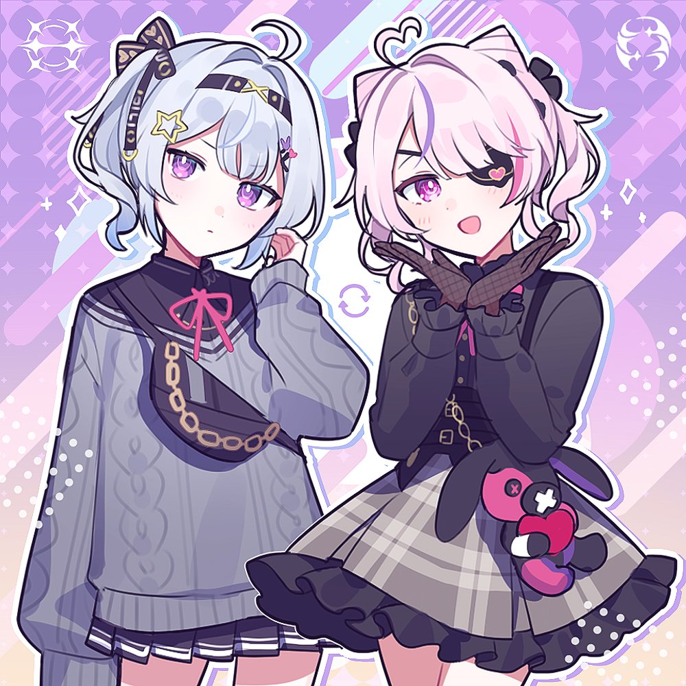 2girls, :d, ahoge, bangs, black_shirt, blush, bow, buttons