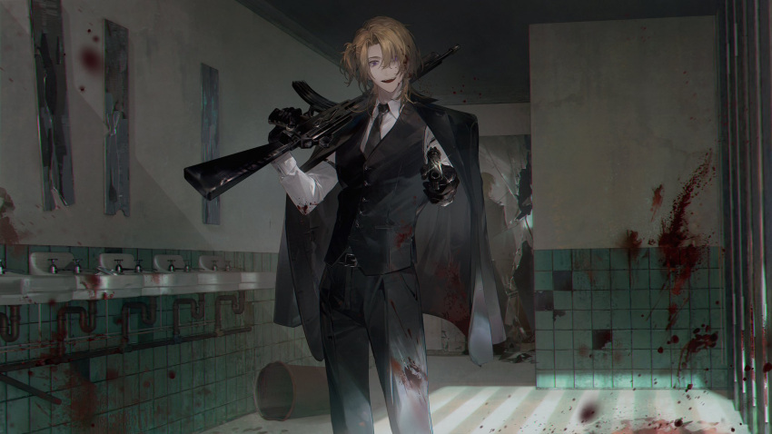 1boy, 1other, aiming, aiming_at_viewer, aoseagrass, arm_strap, assault_rifle, bangs