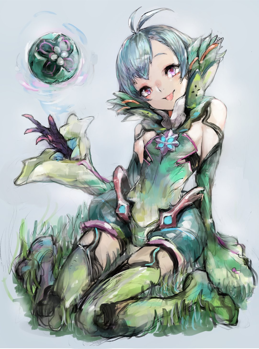 1boy, ahoge, bangs, bare_shoulders, boots, closed_mouth, drone, floren_(xenoblade), full_body, gloves, grass, green_footwear, green_gloves, green_hair, green_leotard, green_sleeves, grey_background, highres, leotard, looking_at_viewer, mogtachi, otoko_no_ko, pink_eyes, short_hair, simple_background, sitting, smile, solo, thigh_boots, tongue, tongue_out, traditional_media, wariza, xenoblade_chronicles_(series), xenoblade_chronicles_2