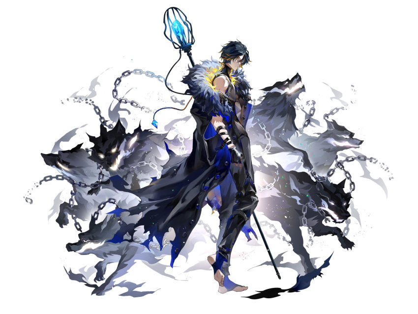 1boy, alchemy_stars, arm_belt, belt, black_coat, black_gloves, black_hair, black_pants, black_shirt, blue_socks, chain, chinese_commentary, closed_mouth, coat, fingerless_gloves, full_body, fur-trimmed_coat, fur_trim, gloves, highres, holding, holding_staff, hydrad_(alchemy_stars), looking_at_viewer, looking_to_the_side, no_shoes, pants, qing_ning_elsa, shirt, short_hair, simple_background, sleeveless, sleeveless_shirt, socks, solo, staff, toeless_legwear, turtle, walking, white_background, wolf