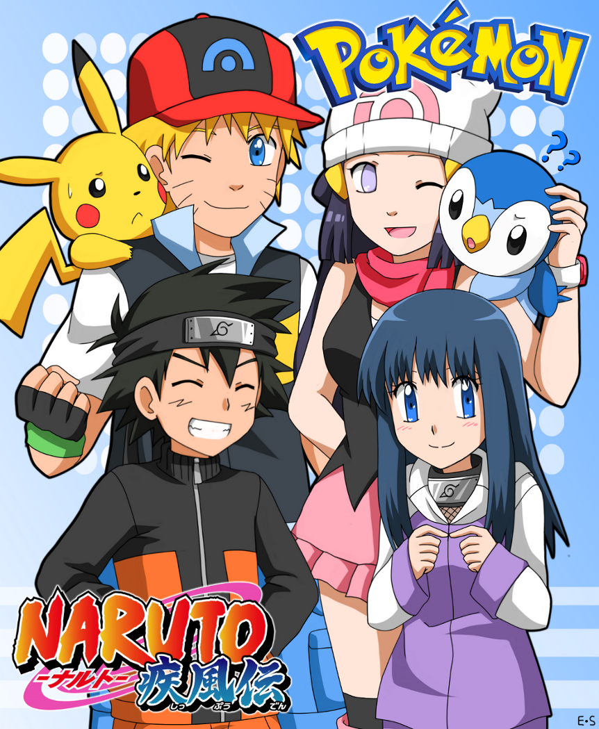 2boys, 2girls, ;), ;d, ?, ??, arm_behind_back, ash_ketchum, ash_ketchum_(cosplay), baseball_cap, beanie, black_hair, black_shirt, black_socks, blonde_hair, blue_background, blue_eyes, blue_hair, blush, breasts, clenched_hand, closed_eyes, closed_mouth, copyright_name, cosplay, costume_switch, creatures_(company), crossover, dawn_(pokemon), dawn_(pokemon)_(cosplay), endless-summer181, forehead_protector, game_freak, gen_1_pokemon, gen_4_pokemon, grin, hair_ornament, hairclip, hands_on_own_hips, happy, hat, hyuuga_hinata, hyuuga_hinata_(cosplay), index_fingers_together, jacket, kneehighs, konohagakure_symbol, large_breasts, logo, long_hair, looking_at_another, looking_at_viewer, multiple_boys, multiple_girls, naruto_(series), naruto_shippuuden, nintendo, on_shoulder, one_eye_closed, open_mouth, pikachu, pink_skirt, piplup, poke_ball_print, pokemon, pokemon_(anime), pokemon_(creature), pokemon_dppt_(anime), pokemon_on_shoulder, poketch, print_headwear, purple_eyes, red_headwear, red_scarf, scarf, shirt, short_hair, short_sleeves, signature, skirt, sleeveless, sleeveless_shirt, sleeves_past_wrists, smile, socks, spiked_hair, standing, uzumaki_naruto, uzumaki_naruto_(cosplay), watch, white_headwear, white_shirt, wristwatch