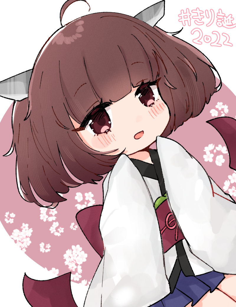 1girl, ahoge, bangs, brown_eyes, brown_hair, floral_background, headgear, japanese_clothes