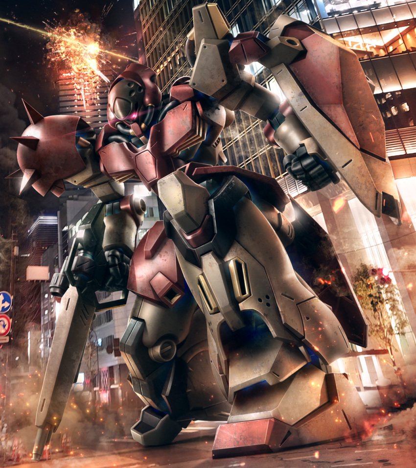 battle, beam_rifle, burn, city, city_lights, damaged, energy_gun, fire