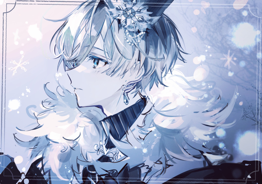 1boy, absurdres, bangs, black_coat, black_headwear, black_shirt, blue_background, blue_eyes