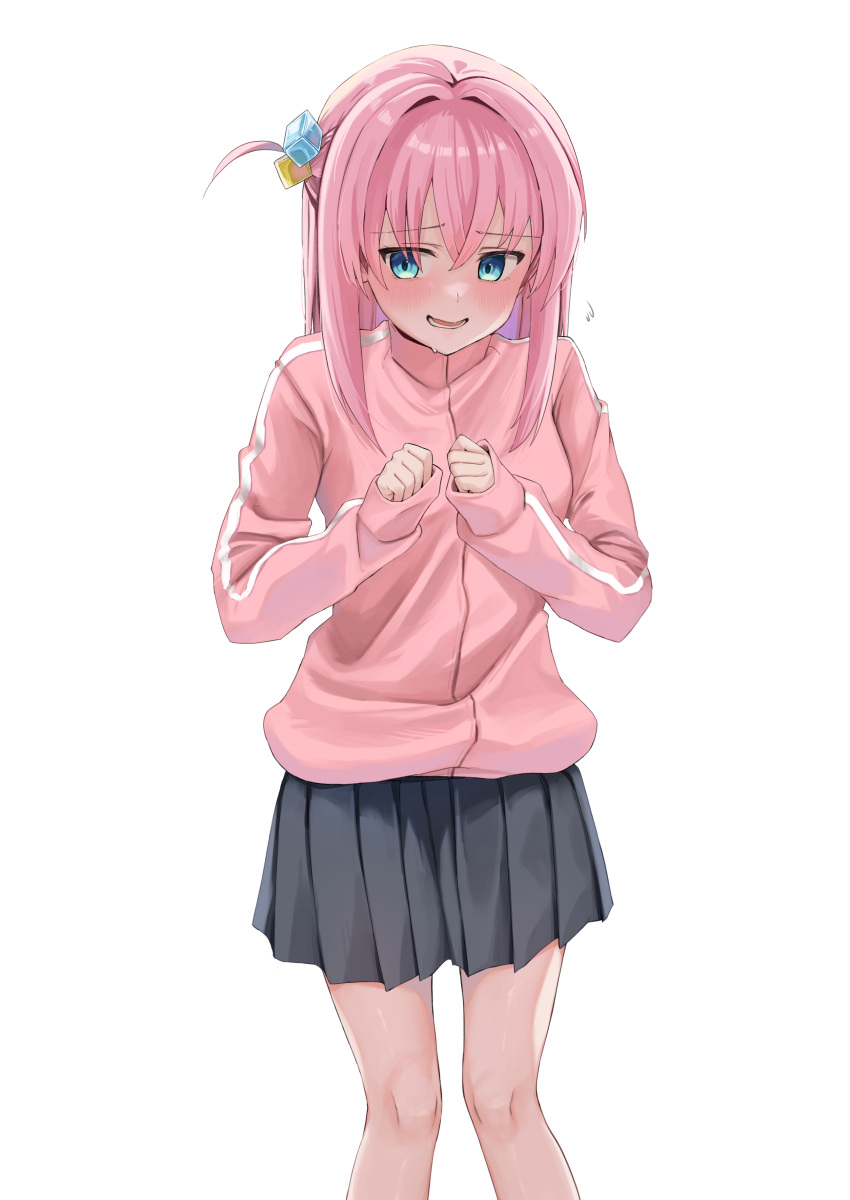 1girl, absurdres, bangs, blue_eyes, bocchi_the_rock!, cowboy_shot, cube_hair_ornament, flying_sweatdrops