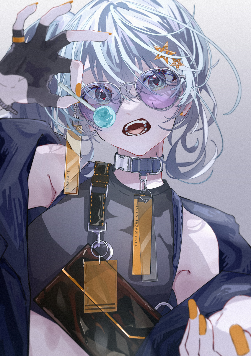 1girl, absurdres, arm_up, armpit_crease, bangs, black_gloves, black_shirt, blue_eyes, blue_hair, blurry, breasts, candy, character_name, collar, crop_top, depth_of_field, diamond-shaped_pupils, diamond_(shape), fanny_pack, fingerless_gloves, food, gloves, gradient, gradient_background, hair_ornament, half_gloves, hand_up, highres, holding, holding_candy, holding_food, holding_lollipop, hololive, hoshimachi_suisei, lollipop, long_hair, looking_at_viewer, mirai99, official_art, open_mouth, orange_nails, purple-tinted_eyewear, reaching_towards_viewer, shirt, side_ponytail, sleeveless, sleeveless_shirt, small_breasts, snap-fit_buckle, solo, star_(symbol), star_hair_ornament, star_in_eye, sunglasses, symbol-shaped_pupils, symbol_in_eye, teeth, tinted_eyewear, tongue, upper_body, virtual_youtuber