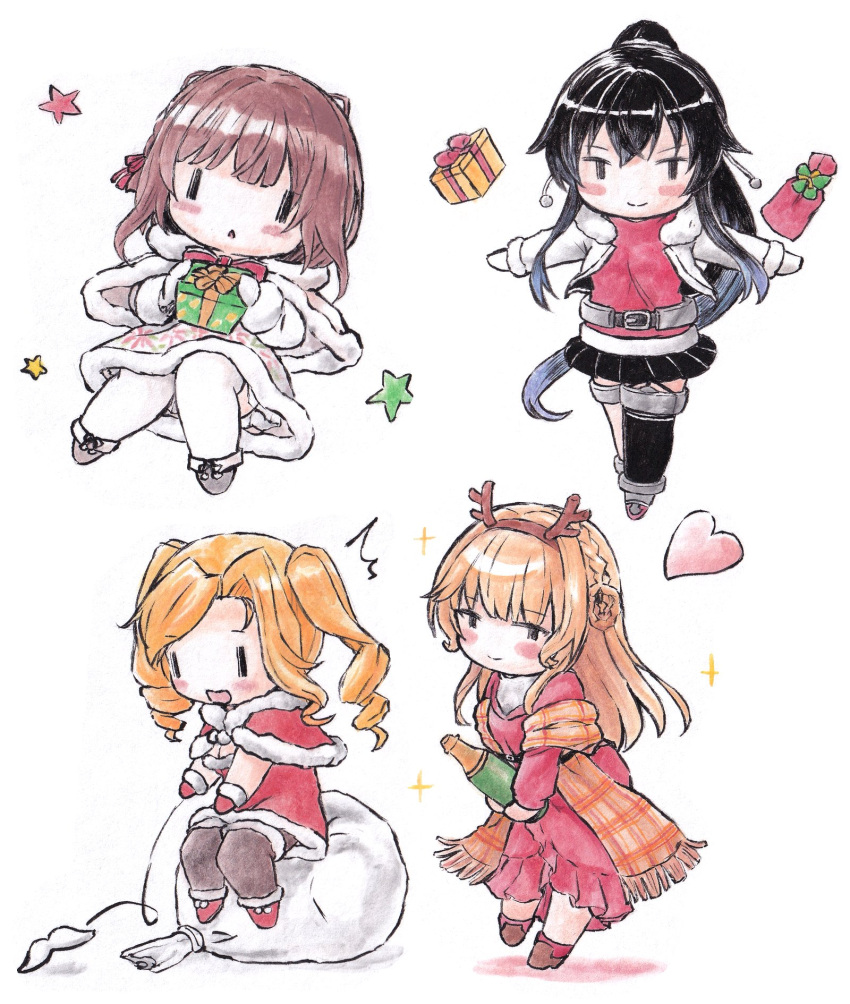 4girls, black_hair, black_skirt, black_thighhighs, blonde_hair, blush_stickers, bottle, box