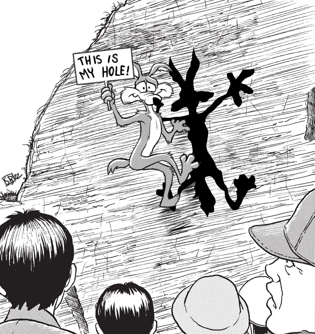 ashbelero, black_hair, coyote, derivative_work, english_commentary, english_text, greyscale, holding, holding_sign, looking_at_viewer, looney_tunes, manga_panel_redraw, monochrome, outdoors, short_hair, sign, the_enigma_of_amigara_fault, wile_e_coyote