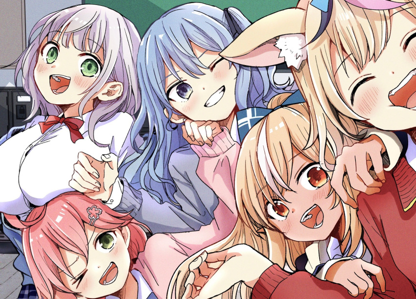 >_o, 5girls, ahoge, animal_ears, blonde_hair, blue_cardigan, blue_eyes, blue_hair, breast_rest, breasts, breasts_on_head, brown_eyes, cardigan, fox_ears, fox_girl, green_eyes, grey_hair, grin, hair_ornament, hairclip, highres, hololive, hoshimachi_suisei, inunishimashita, large_breasts, multiple_girls, omaru_polka, one_eye_closed, one_side_up, open_mouth, pink_cardigan, pink_hair, ponytail, sakura_miko, school_uniform, shiranui_flare, shiranui_kensetsu, shirogane_noel, smile, star_(symbol), star_in_eye, symbol_in_eye, virtual_youtuber