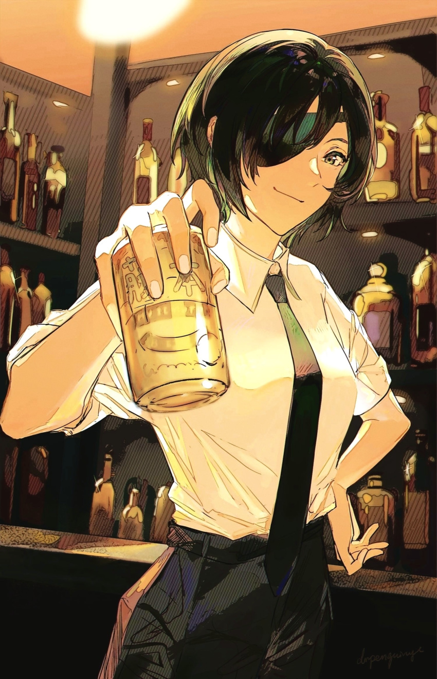1girl, alcohol, bar_(place), beer, beer_bottle, beer_can, black_hair, black_necktie, black_pants, bottle, breasts, can, chainsaw_man, collared_shirt, dr_woodpecker, eyepatch, hand_on_hip, highres, himeno_(chainsaw_man), holding, holding_can, looking_at_viewer, medium_breasts, necktie, pants, shelf, shirt, shirt_tucked_in, short_hair, smile, solo, white_shirt, wine_bottle, yellow_theme