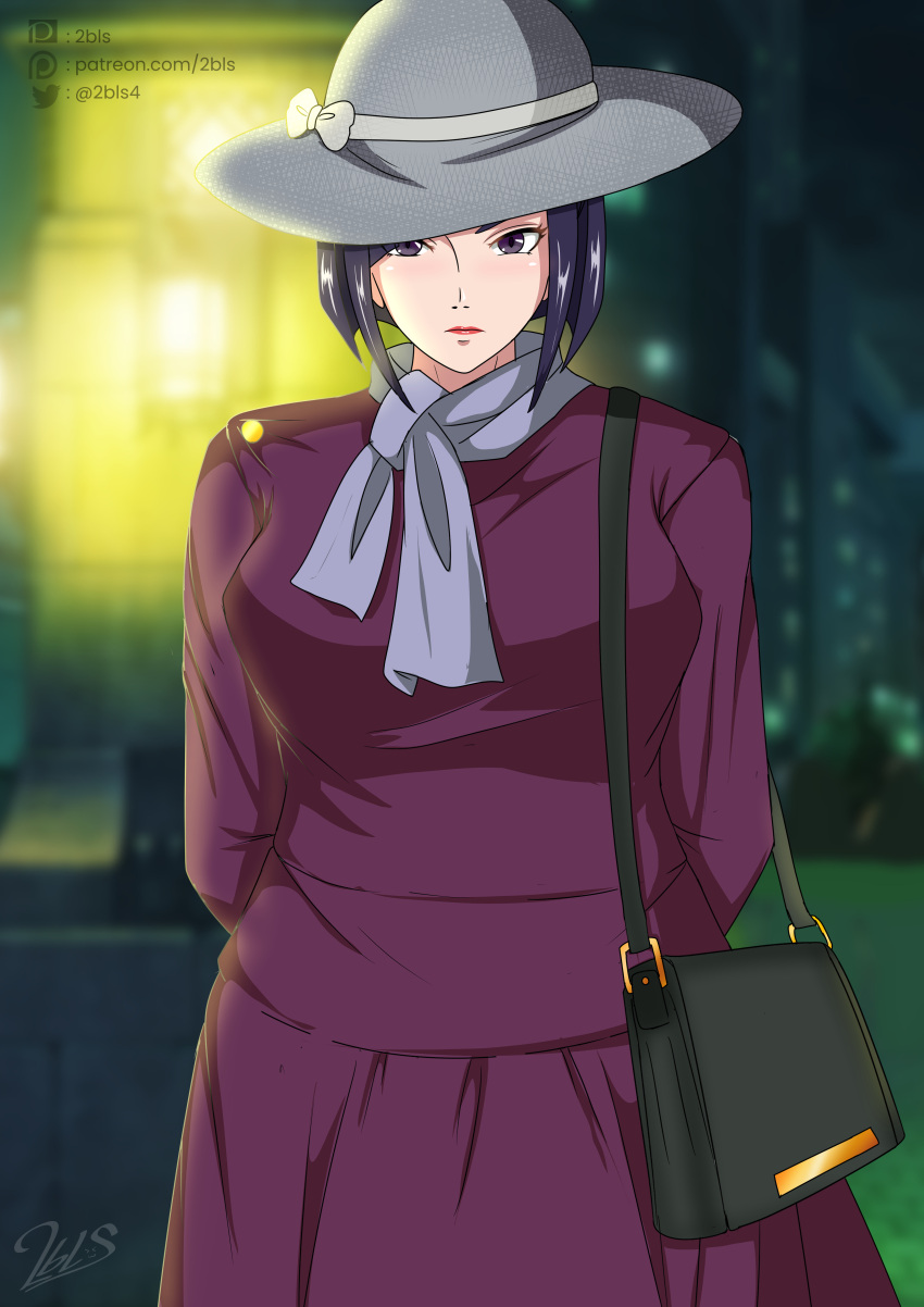 1girl, 2bls, absurdres, akiba_maid_sensou, arms_behind_back, bag, black_hair, blurry, blurry_background, brown_eyes, coat, english_commentary, grey_headwear, grey_scarf, handbag, hat, highres, lipstick, makeup, mannen_ranko, night, outdoors, paid_reward_available, purple_coat, scarf, short_hair, solo, standing, twitter_username, web_address