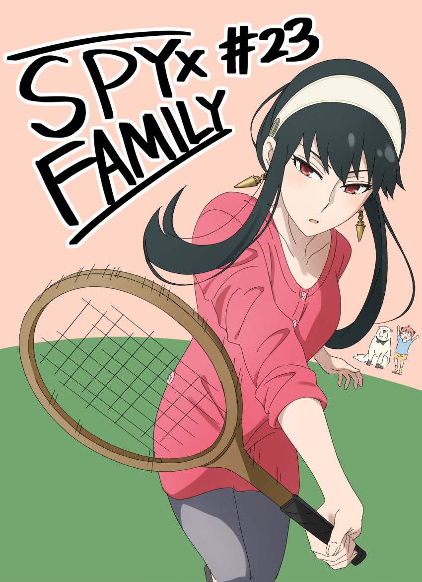 anya_(spy_x_family), bond_(spy_x_family), earrings, female_child, gold_earrings, great_pyrenees, hairband, hairpods, highres, jewelry, kousin, mother_and_daughter, pink_hair, racket, red_eyes, red_sweater, short_hair_with_long_locks, sportswear, spy_x_family, sweater, tennis_racket, two-sided_fabric, white_hairband, yor_briar