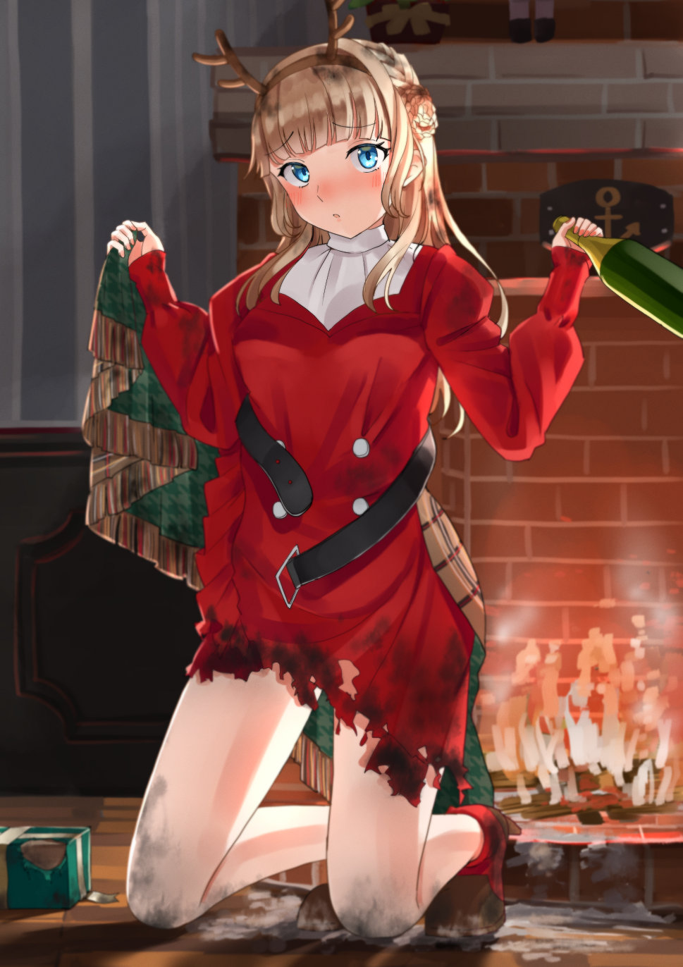 1girl, antlers, belt, black_belt, blue_eyes, blush, boots, bottle