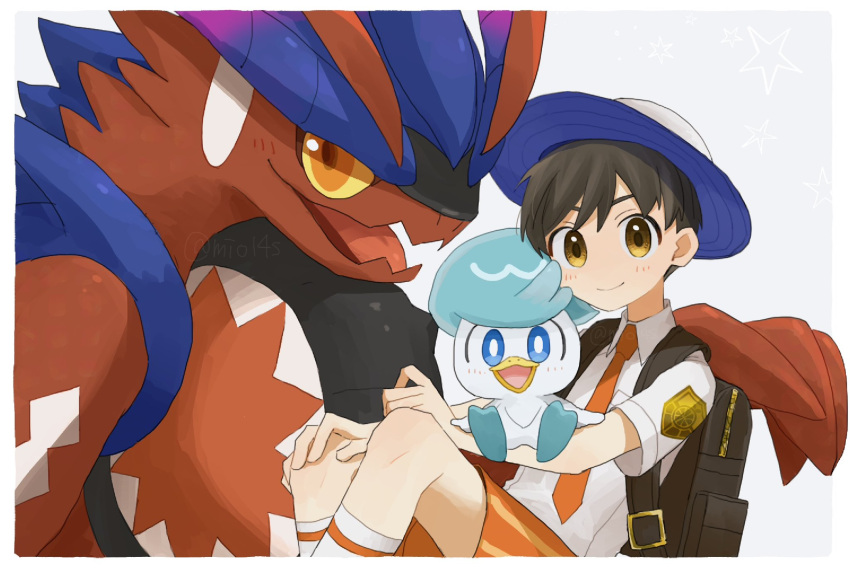 1boy, backpack, bag, creature, florian_(pokemon), hat, highres, kneehighs