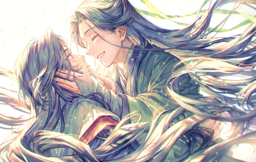 2boys, black_hair, character_request, closed_eyes, hands_on_another's_face, highres, long_hair, long_sleeves, looking_at_another, multiple_boys, open_mouth, ren_zhafan_paijizu_xitong, ribbon, shen_qingqiu, shigaraki_(strobe_blue), simple_background, smile, traditional_clothes, white_background