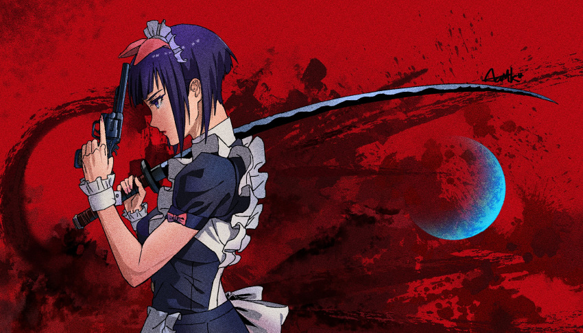 1girl, acuttle, akiba_maid_sensou, animal_ears, bangs, black_hair, dual_wielding, fake_animal_ears