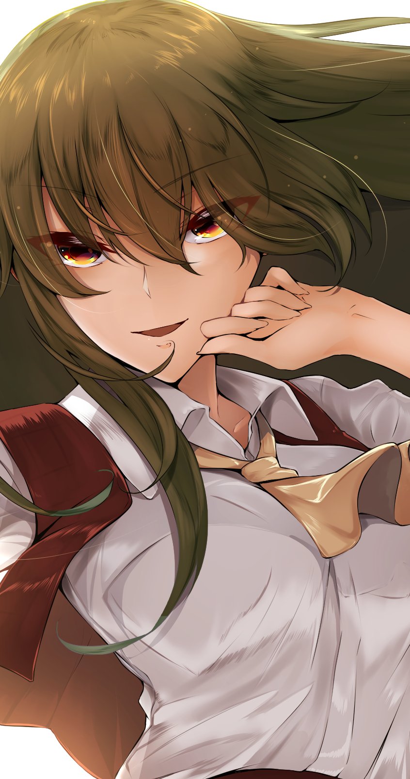 1girl, :d, ascot, collared_shirt, green_hair, hair_between_eyes, highres, itocoh, kazami_yuuka, long_hair, looking_at_viewer, open_mouth, red_eyes, red_vest, shirt, simple_background, smile, solo, touhou, upper_body, vest, white_background, white_shirt, yellow_ascot