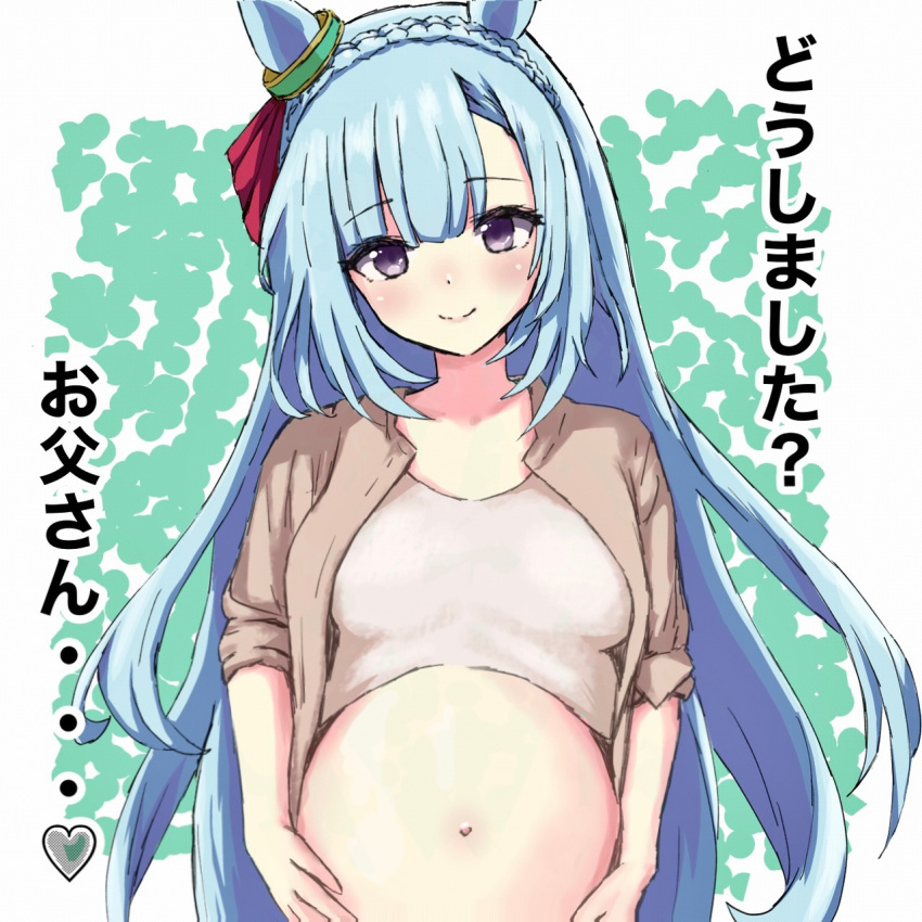 animal_ears, blue_hair, blush, braid, breasts, commentary_request, crown_braid, highres, horse_ears, horse_girl, horse_tail, itsukawa_kamieshi, jacket, long_hair, medium_breasts, mejiro_ardan_(umamusume), navel, nonexistent_memories_(jujutsu_kaisen), pregnant, simple_background, smile, tail, translation_request, umamusume, violet_eyes