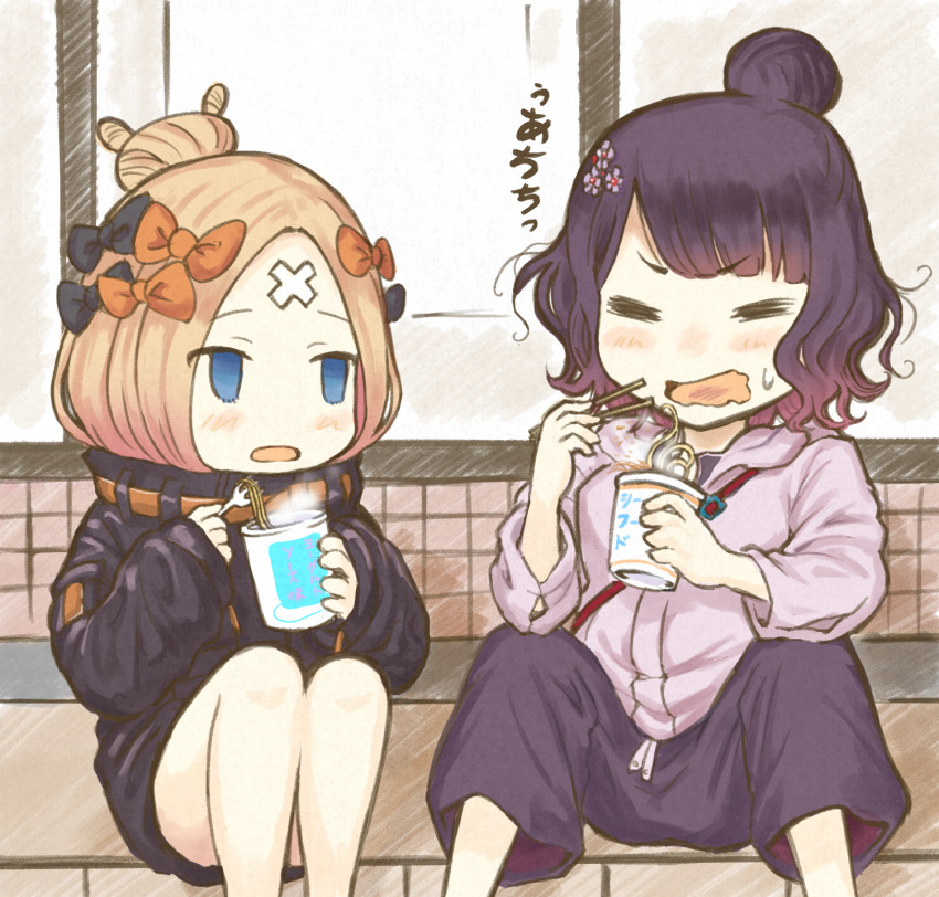 2girls, abigail_williams_(fate), abigail_williams_(traveling_outfit)_(fate), bandaid, bandaid_on_face, bandaid_on_forehead, bangs, black_bow