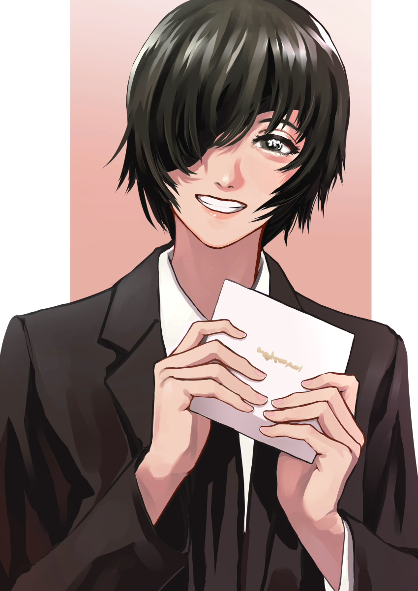 1girl, absurdres, ao_desu2222, bangs, black_hair, black_jacket, black_necktie, box